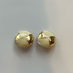 Vintage GIVENCHY Paris New York signed Biege Enamel Gold Tone Clip On Earrings